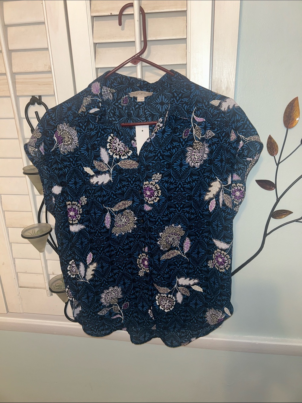 LOFT Navy Botanical Print Short-Sleeve Blouse